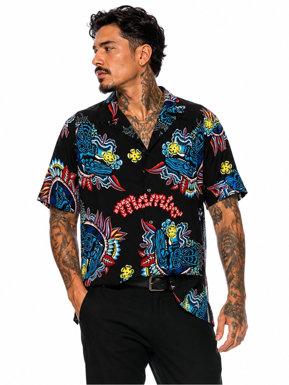 Black Floral & Tiki Print Short Sleeve Button-Down Shirt